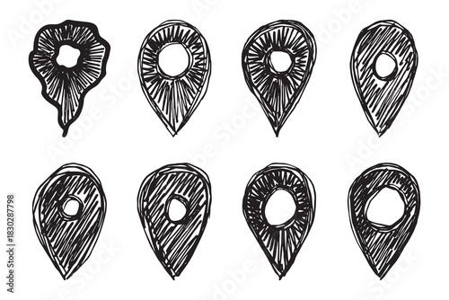 Set of hand drawn map pin Map marker pointer sign GPS and mapping tools Location pin symbol Pinpoint clipart in doodle style Single element for web, design