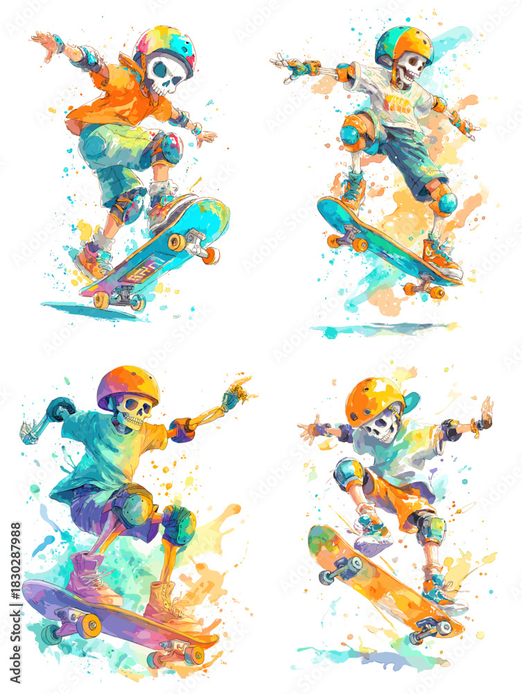 Obraz premium Vibrant watercolor illustration of energetic skeleton skateboarders performing tricks with colorful splashes and playful street style details. Perfect for sports art and creative youth themes.