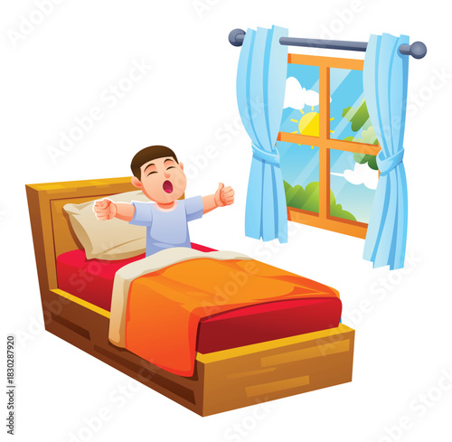 Little boy character yawning and stretching in bed after waking up to the morning sun outside the window. Vector cartoon illustration