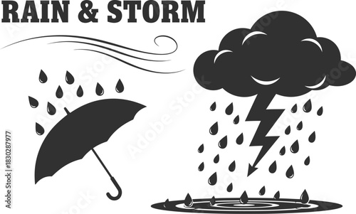 Stormy rain cloud silhouette with lightning for severe weather design