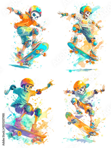 Vibrant watercolor illustration of energetic skeleton skateboarders performing tricks with colorful splashes and playful street style details. Perfect for sports art and creative youth themes.