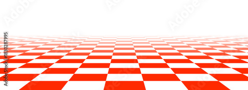 Red checkerboard floor in perspective. Abstract checkered tile pattern background. Vintage yellow empty room checker stage. Retro horizontal chess board grid plane surface. Vector ballroom floor