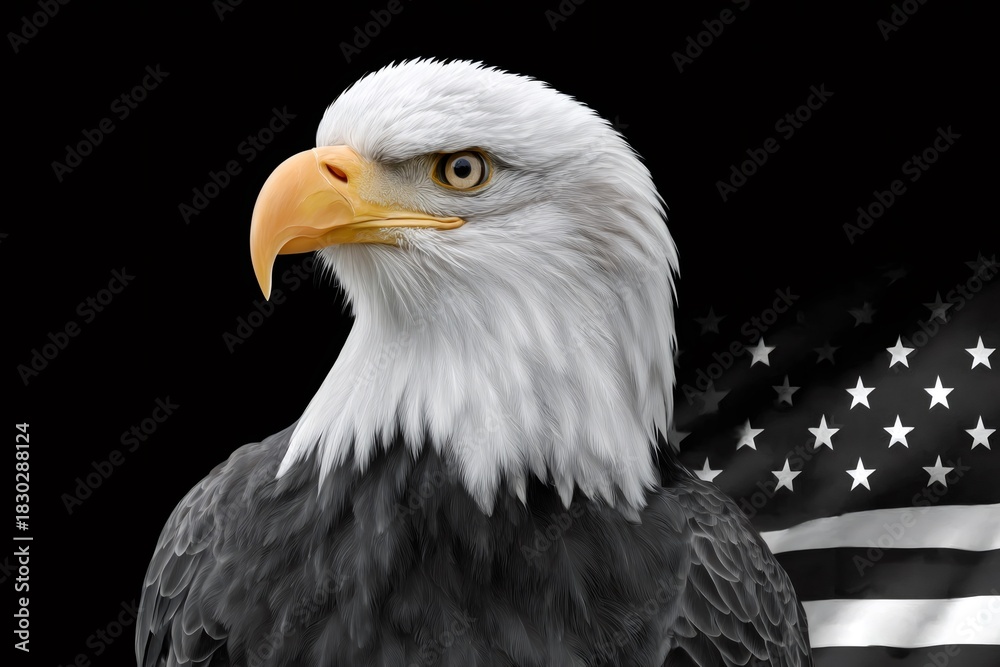 Fototapeta premium Bald eagle looking right with grayscale American flag