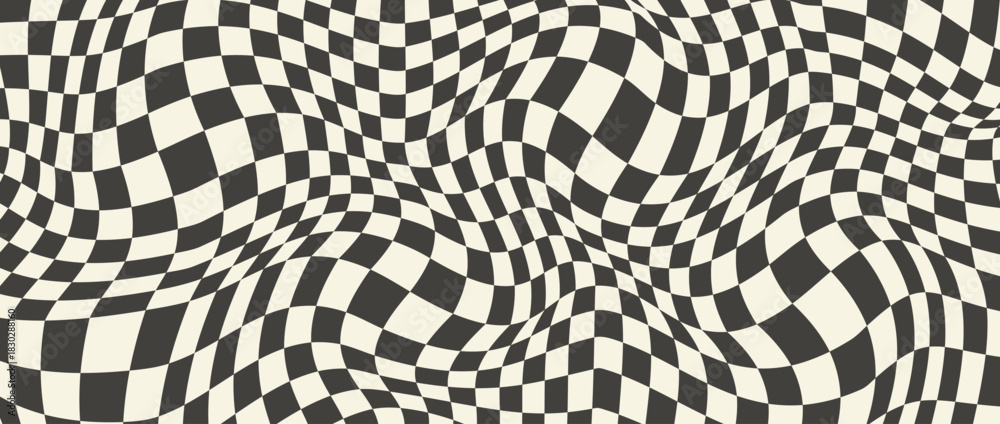 Naklejka premium Trippy checkerboard background. Retro psychedelic checkered wallpaper. Wavy groovy chessboard surface. Distorted geometric grid chess pattern. Abstract old deformed flag backdrop. Vector