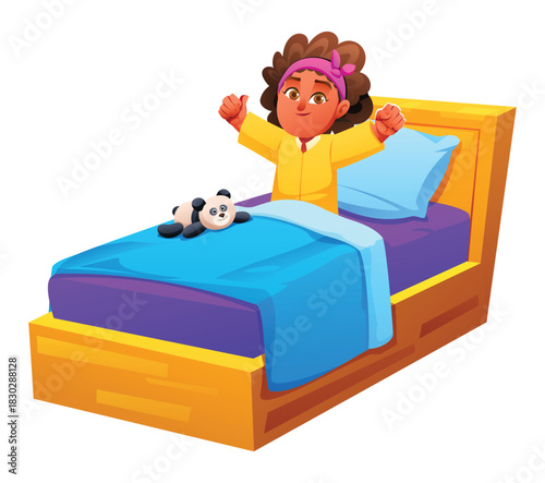 Happy girl character sitting up in bed with a headband and panda plush toy after waking up in the morning. Vector cartoon illustration