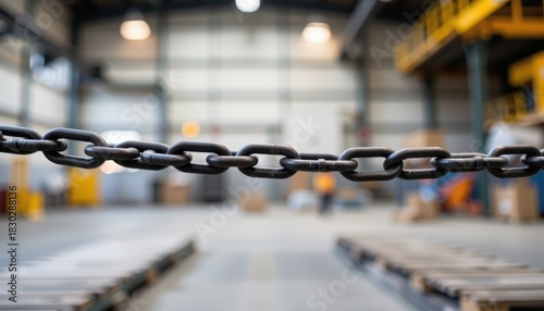 Industrial chain in focus with a blurred warehouse backdrop.