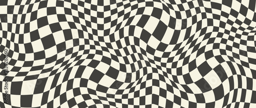 Trippy checkerboard background. Retro psychedelic checkered wallpaper. Wavy groovy chessboard surface. Distorted geometric grid chess pattern. Abstract old deformed flag backdrop. Vector