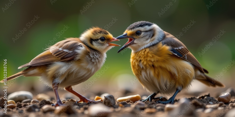 Fototapeta premium Two small birds interacting on the ground, one feeding the other.