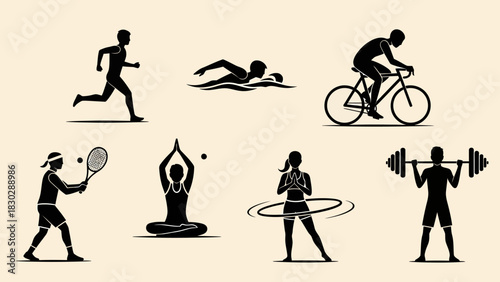 Collection of Silhouettes Depicting Various Sports and Fitness Activities