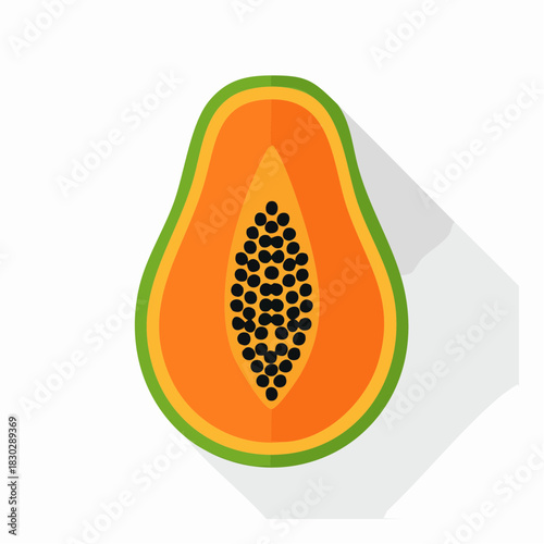 Freshly Cut Papaya Fruit with Black Seeds Vector Illustration.