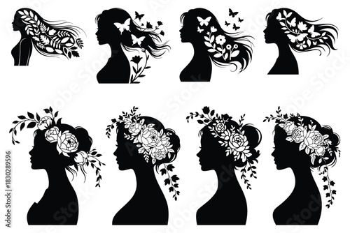 Black silhouette profiles of women with floral hair and butterflies