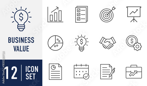 Business Value line icon set. featuring various line symbols idea, growth, tasks, target, presentation, charts, handshake, financial management, reports, schedule, and success. Vector