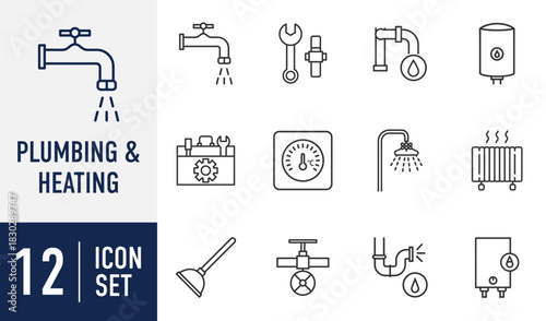 Plumbing and Heating line icons set. featuring essential tools and components like faucets, pipes, heaters, and repair equipment. Vector