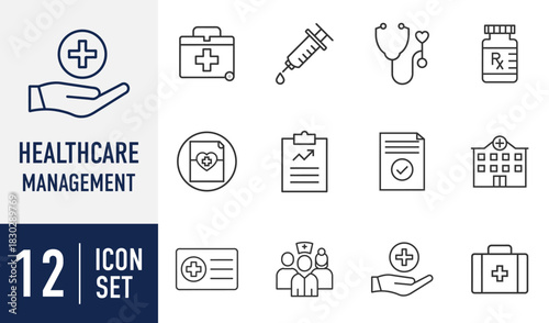 Healthcare Management line icons set. medical services, hospital, doctor, nurse, medicine, first aid, and patient care concepts for web and print. Vector