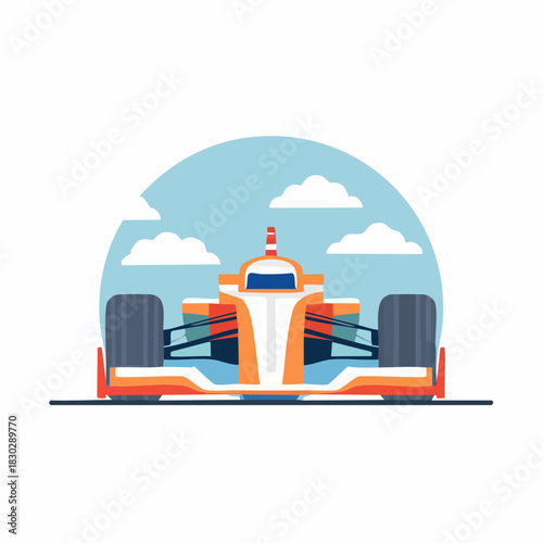 Front View of Orange and White Formula One Racing Car.