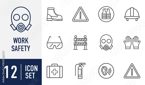 Work Safety line icons set. personal protective equipment and hazard warning signs icon set, essential for occupational health and industrial regulations. Vector