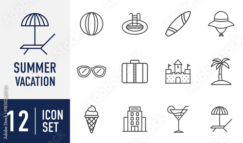 Summer vacation line icons set. beach holiday line, travel and leisure line art vector symbols for web, mobile app, and graphic design. Vector