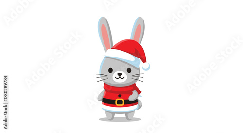 A cheerful cartoon rabbit dressed in a festive Santa Claus outfit and hat stands on a white background, ready for the holidays.
