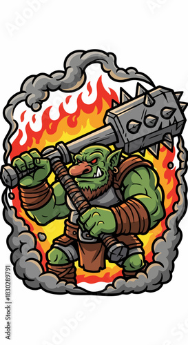 Fearsome Orcish Warrior Brandishing a Spiked Mace Amidst Flames and Smoke.