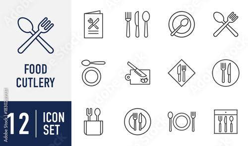 Food Cutlery line icons set. showcasing various dining utensils, restaurant signs, and kitchen tools in a modern, simple outline style. Vector