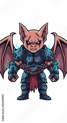 Powerful mythical bat beast in battle armor with glowing magic.
