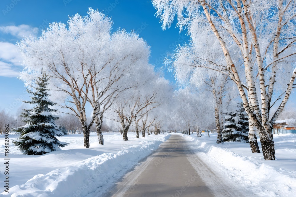 Obraz premium Snow covered birch trees lining winter road avenue