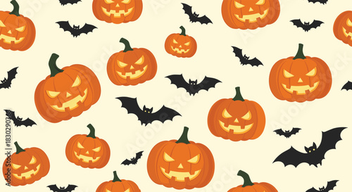 Festive autumn background featuring grinning Jack-o'-lanterns and silhouettes of bats in flight, perfect for spooky designs.