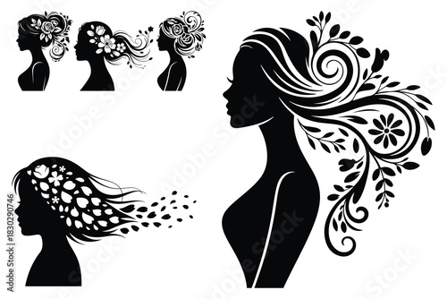 Black silhouette female profiles with floral hair designs