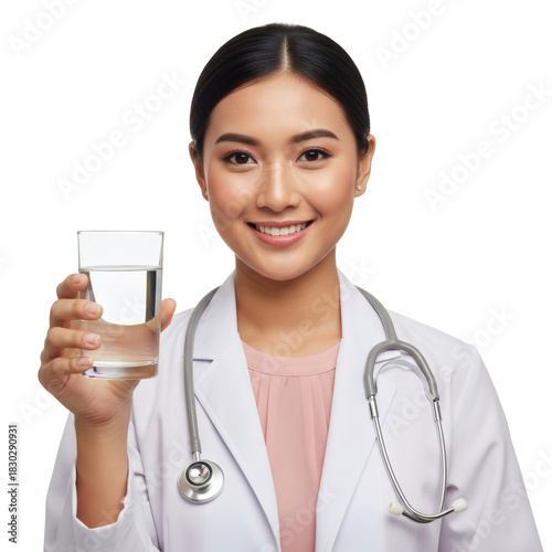 Smiling Asian doctor holding a glass of water on Transparent Background