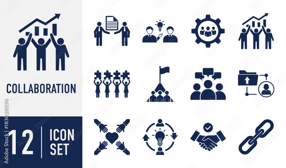 Fototapeta premium Collaboration icons set. featuring diverse business concepts like teamwork, partnership, success, innovation, communication, and goal achievement Vector. Solid icon collection