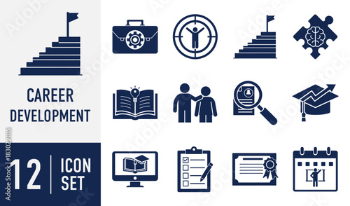 Career Development icons set. professional growth, education, learning, success, business planning, job search, and achievement concepts. Vector. Solid icon collection