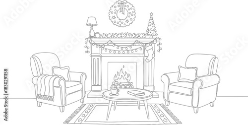 Christmas fireplace interior home decor wreath tree stocking cozy chairs