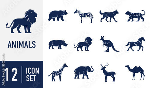 Animal icons set. featuring lion bear zebra wolf tiger rhino kangaroo horse giraffe elephant deer and camel collection Vector. Solid icon collection