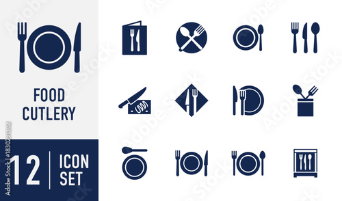 Food Cutlery icons set. for restaurant menus, kitchenware branding, and catering service designs, featuring various utensil arrangements Vector. Solid icon collection
