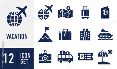 Vacation and Travel icons set. airplane, globe, map, luggage, passport, mountain, suitcase, hotel, ship, camera, bus, ticket, beach. Vector. Solid icon collection