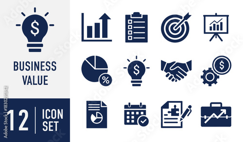 Business Value icon set. financial success dark blue icon set. corporate strategy, growth, innovation, planning, and teamwork symbols included Vector. Solid icon collection