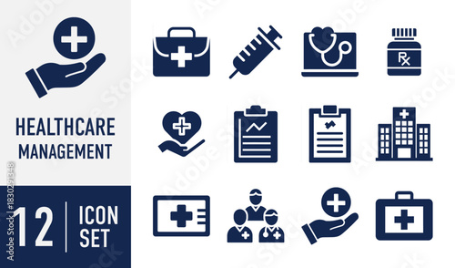 Healthcare Management icons set. medical cross, first aid, syringe, stethoscope, prescription, heart care, clipboard, hospital, doctors, health Vector. Solid icon collection