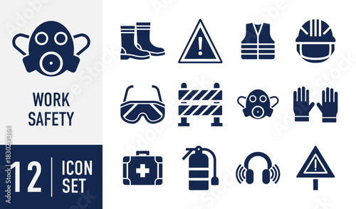 Work Safety icons set. personal protective equipment, essential for occupational health, industrial safety, and workplace compliance standards. Vector. Solid icon collection
