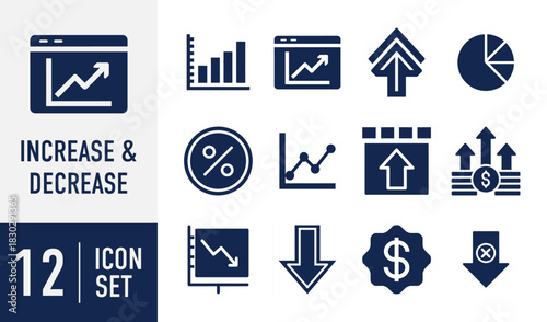 Increase and Decrease icons set. Financial growth, decline business, displaying data analysis, market trends, profit, loss, and percentage statistics reports Vector. Solid icon collection
