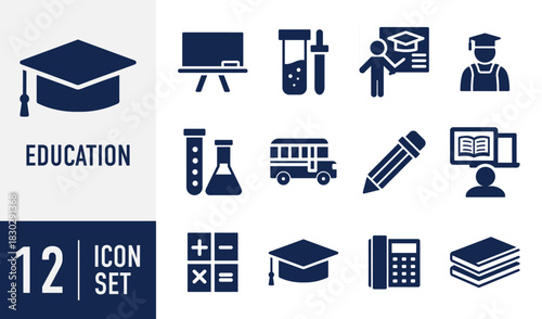 Education icons set. with various learning and academic symbols including graduation cap, school bus, science, and online study elements Vector. Solid icon collection