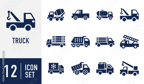 Trucks transportation vehicles collection icon set. including specialized heavy-duty vehicles for construction and logistics. Vector. Solid icon collection
