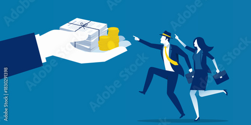 Stylized business illustration showing two professionals running eagerly toward an oversized hand offering cash and gifts, symbolizing incentives, rewards, and financial motivation.