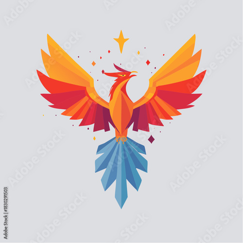Geometric Phoenix Illustration with Vibrant Colors and Star.