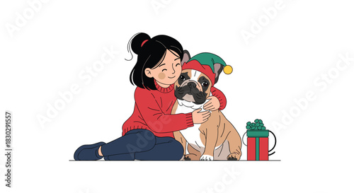 Happy girl in a red sweater lovingly hugs her French Bulldog in a festive elf hat, celebrating Christmas with a gift.