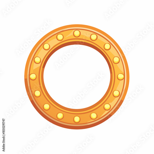 Golden Circular Frame with Decorative Lights Cartoon Style.