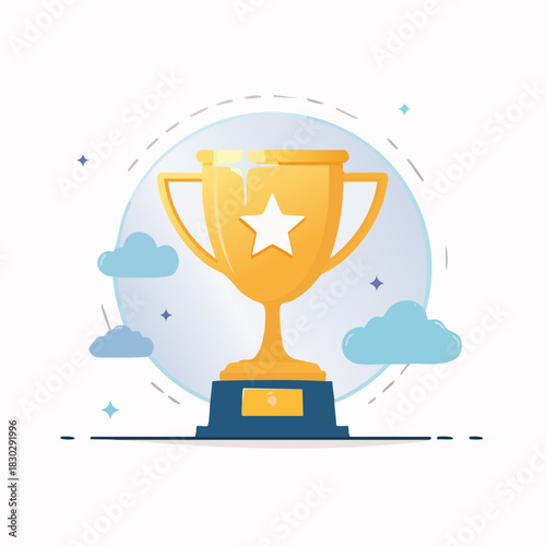 Golden Trophy with Star Emblem and Clouds Illustration for Achievement.