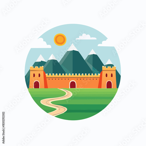 Great Wall of China Illustration with Mountains and Path.