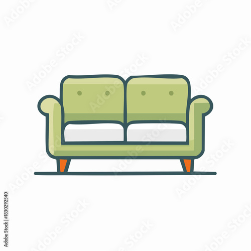 Green Cartoon Sofa with White Cushions and Orange Legs.