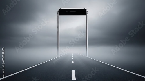A road leads into a smartphone screen, blending into a misty horizon, creating a surreal and conceptual composition.