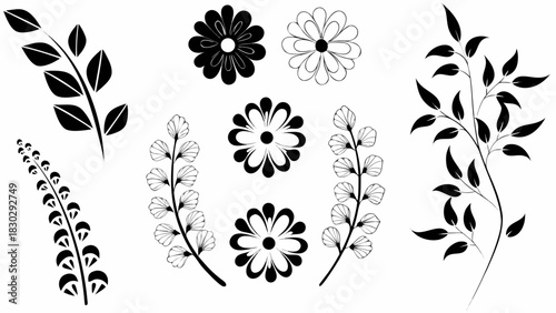 Sophisticated floral elements for elegant designs, botanical illustrations perfect for wedding invitations and modern stationery projects, originally a scalable graphic